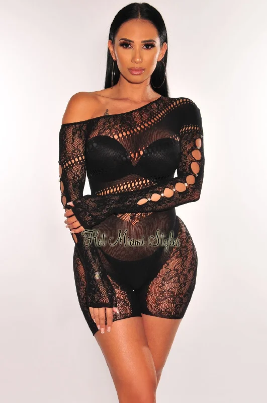 Leather women's pantsBlack Lace Seamless Sheer Long Sleeve One Shoulder Rhinestone Cut Out Romper