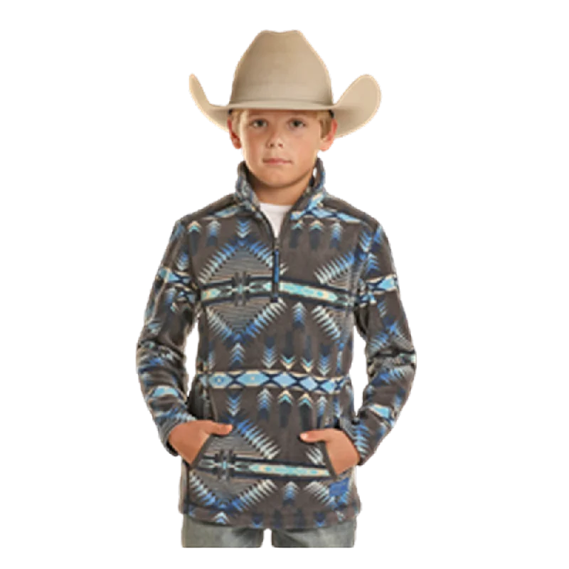 Local artisan women's topsDK91C01823 Powder River Boys Navajo Print Fleece Pullover- Charcoal and Blue