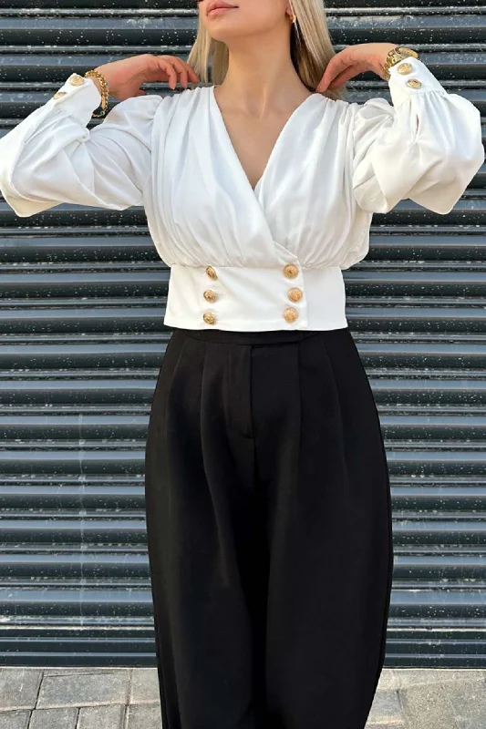 Tunic-style women's topsV Neck Puff Sleeve Smocked Blouses