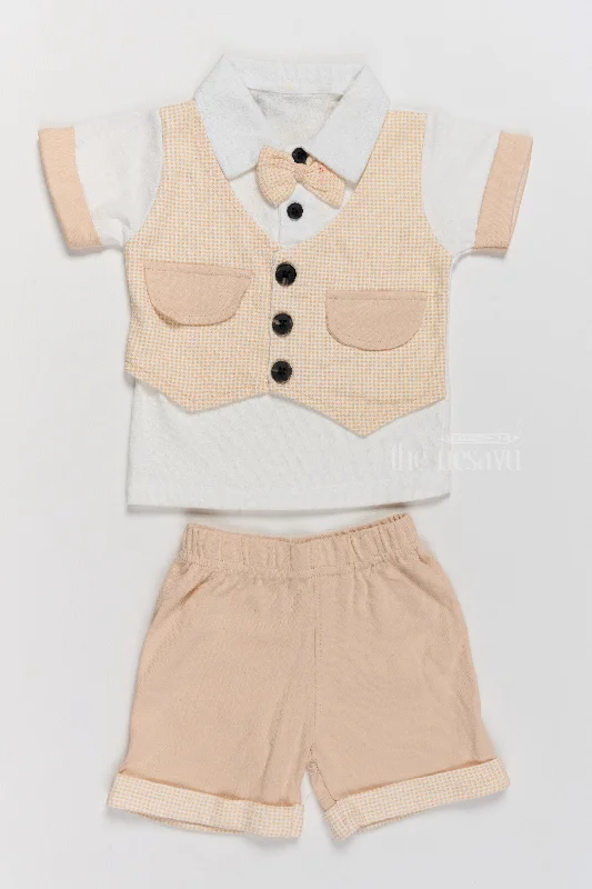 Synthetic dresses for budget-friendly optionsNew Born Clothes on Sale Cotton Two-Piece Beige Outfit with Bowtie and Shorts