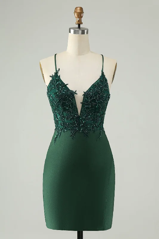 Embroidered dresses for womenStylish Dark Green Bodycon V Neck Short Homecoming Dress with Beading