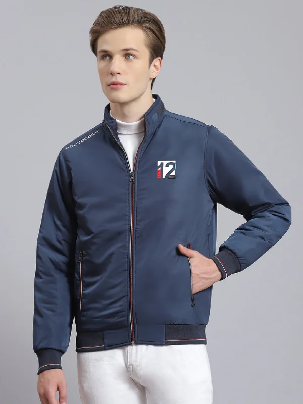 men's leather jackets with zippersMen Navy Blue Solid Stand Collar Full Sleeve Jacket