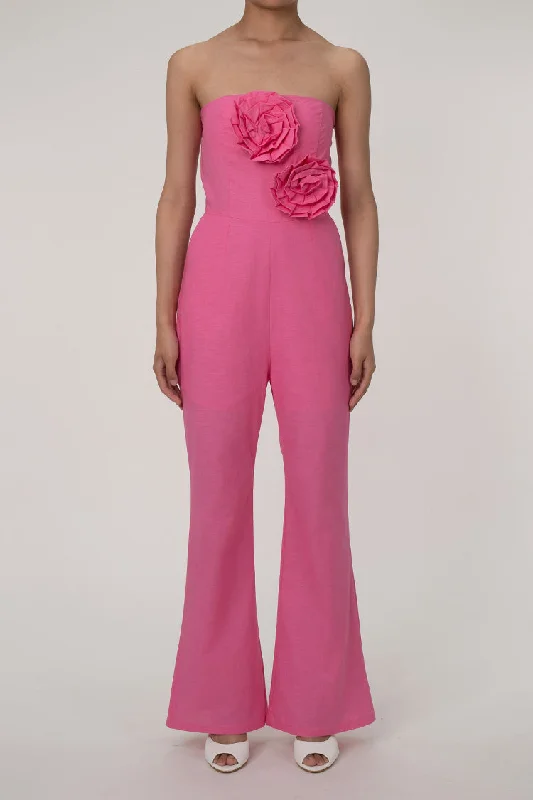 Skinny women's leggingsBloom Rosette Applique Strapless High Waist Flared Linen Jumpsuit