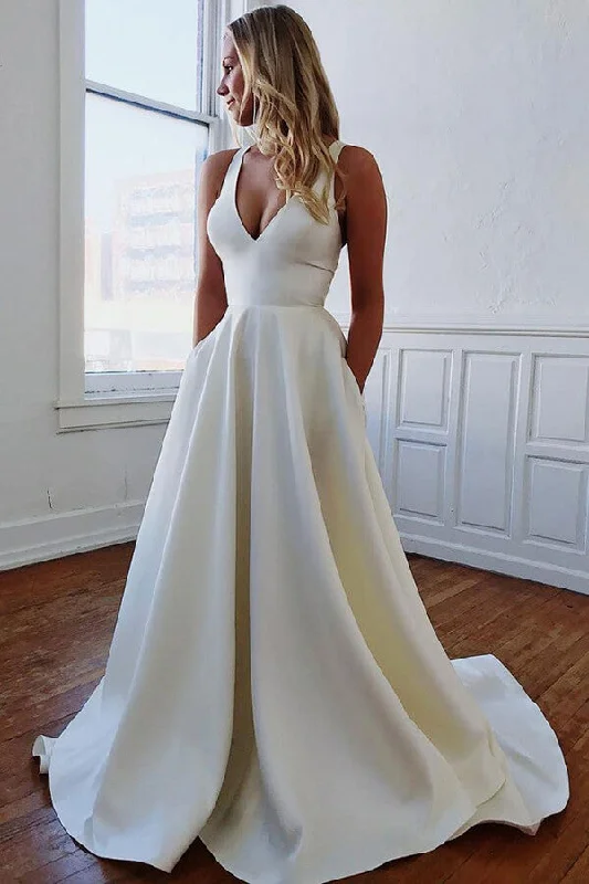 Checkered dresses for womenRoycebridal Ivory Satin A-line V-neck Wedding Dresses with Pockets, Bridal Gowns, MW680