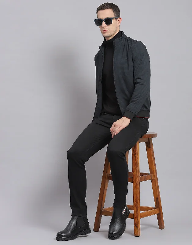 men's leather jackets for warmth and styleMen Black Check Stand Collar Full Sleeve Jacket