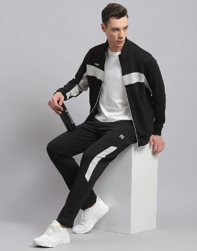 men's breathable sports shirtsMen Black Solid Stand Collar Full Sleeve Tracksuit