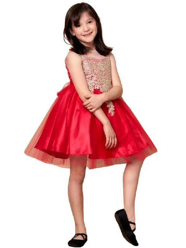 Lace dresses for womenBig Girls Red Gold Embroidered Illusion Neckline Junior Bridesmaid Dress 8-18