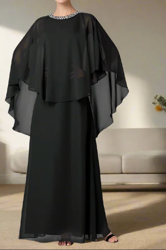 Peplum dresses for womenFloor Length Chiffon Black A-Line Mother of the Bride Dress with Rhinestones