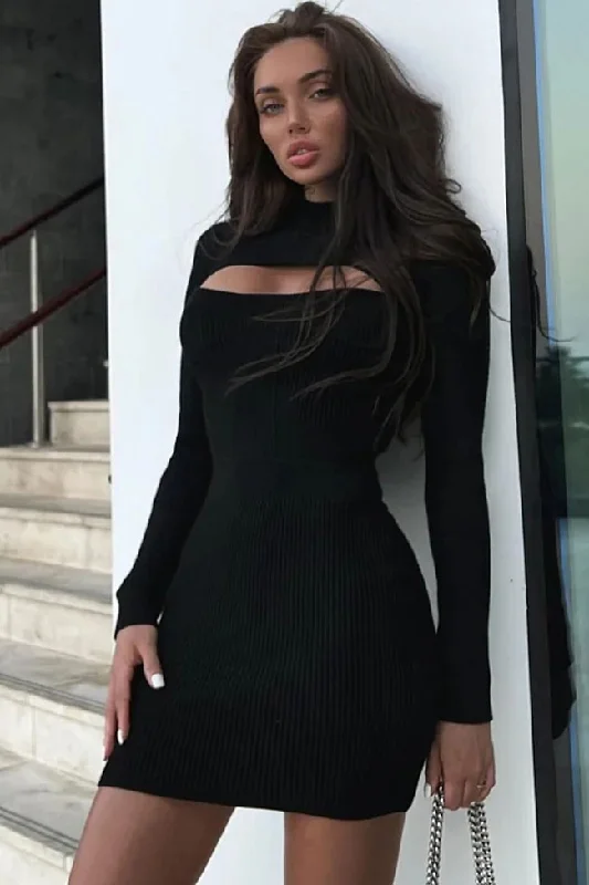 Linen dresses for summerSexy Mock Neck Cutout Ribbed Knit Long Sleeve Bodycon Sweater Mini Dress - Black