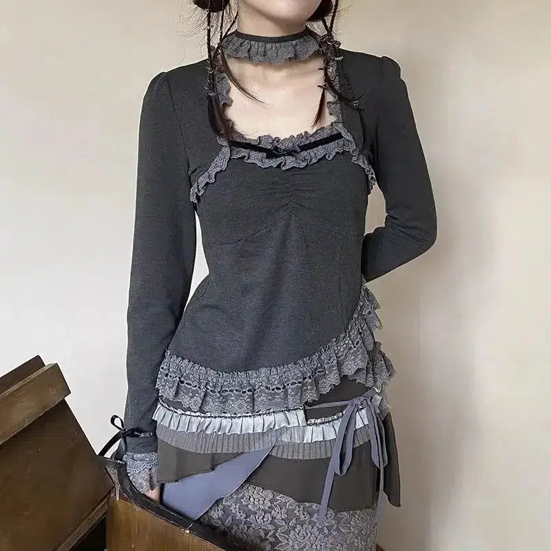 Cropped women's topsFairy Grunge Asymmetric Lace Top