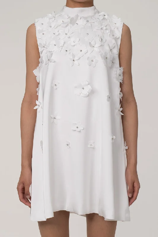 Sheath dresses for womenCute Flower Applique Mock Neck Sleeveless A Line Bow Trim Party Mini Dress