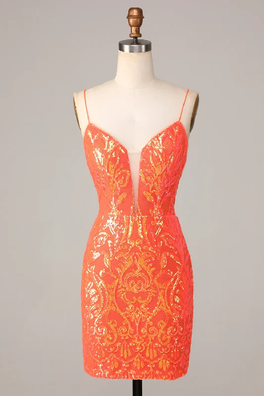 Wrap dresses for womenSparkly Orange Bodycon Spaghetti Straps Sequins Short Homecoming Dress Wrap dresses for womenSparkly Orange Bodycon Spaghetti Straps Sequins Short Homecoming Dress