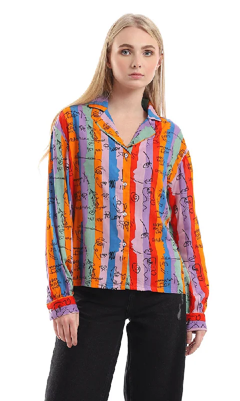 Summer women's tops95340 Colorful Striped & Self Pattern Buttoned Shirt - Multicolour