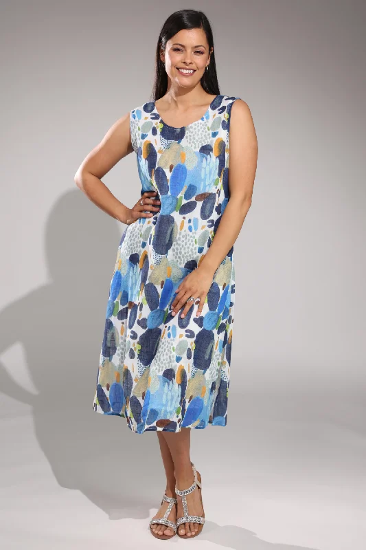Cap sleeve dresses for womenPrinted Cotton Dress with pockets | Blue Spot Abstract | 6279A1