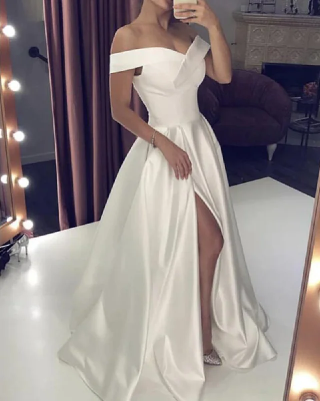 Workwear women's dressesElegant Off the Shoulder Ivory/White Formal Wedding Gown A Line Satin Split Party Dress PL0909