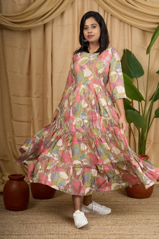 Bell sleeve dresses for womenPink Cotton Slub Flared Kurtha with Delicate Floral Pattern and Flowing Design for Women