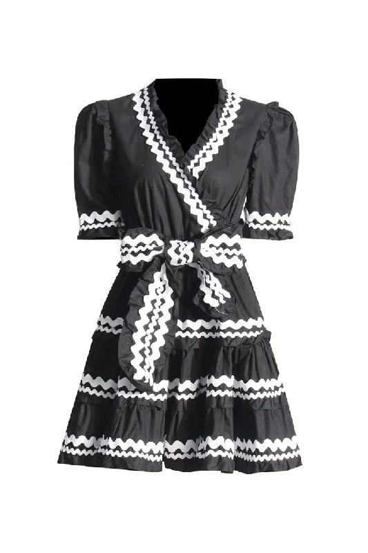 Corduroy dresses for womenCute Contrast Ric Rac V Neck Puff Sleeve Belted Ruffle Tiered Mini Dress