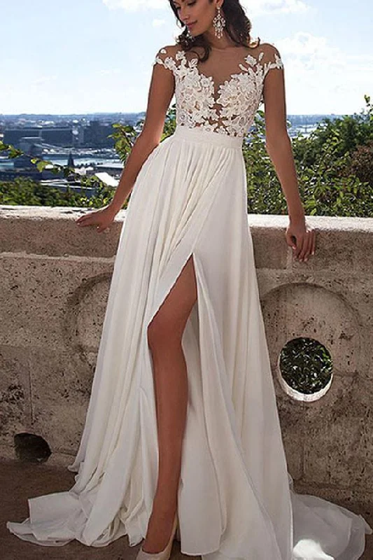 Party dresses for womenRoycebridal White Lace A-Line Front Split Wedding Dresses With Appliques, Bridal Dress, MW191