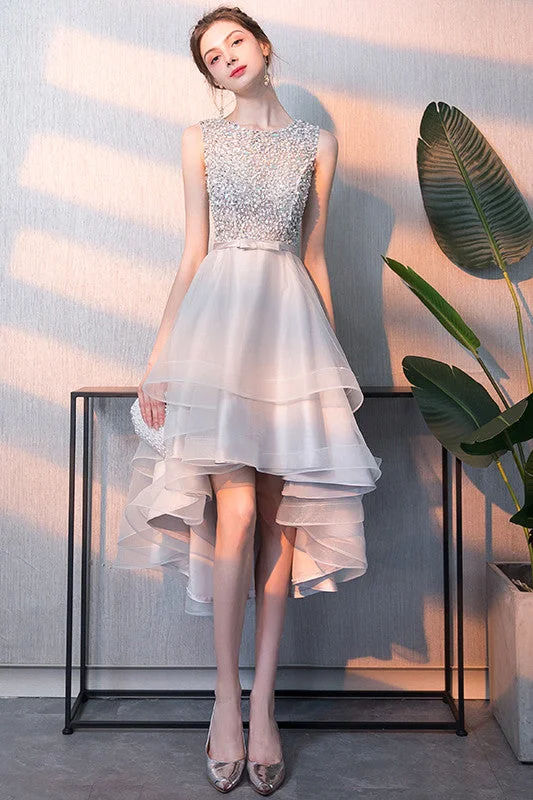 Gym wear dresses for athletic activitiesGray High Low Beaded A-Line Tulle Homecoming Dresses With Bownot OKC57