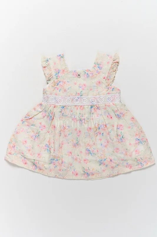 Sustainable dresses for eco-conscious womenBaby Hakoba Cotton Frock with Pastel Floral Patterns and Lace Waist