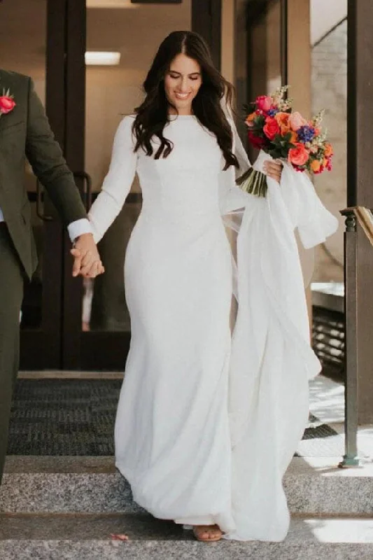 Workwear women's dressesRoycebridal Ivory Satin Mermaid Long Sleeves Scoop Wedding Dresses, Bridal Gowns, MW617
