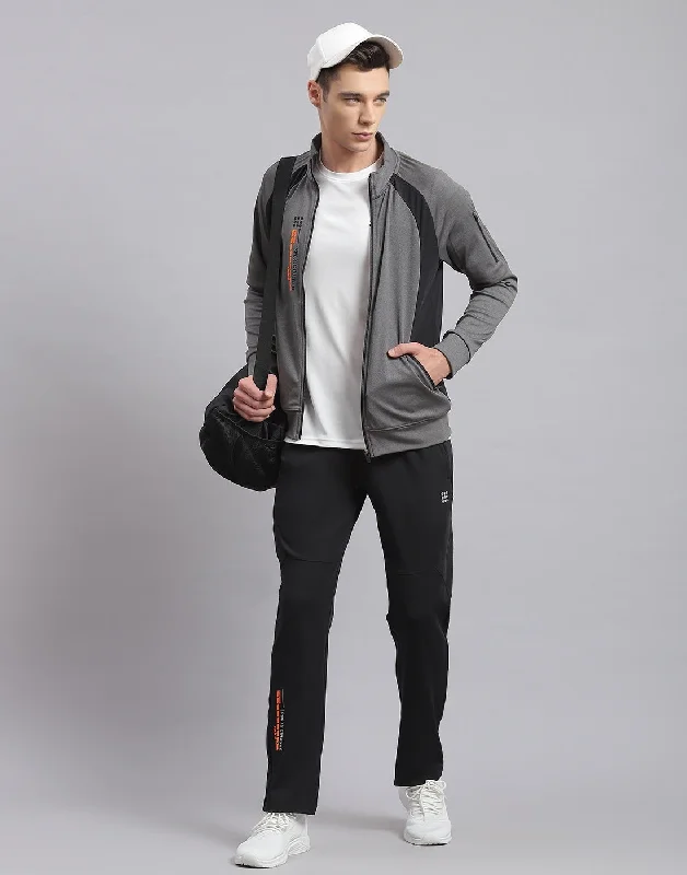 men's sports shirts with buttonsMen Grey Solid Stand Collar Full Sleeve Tracksuit