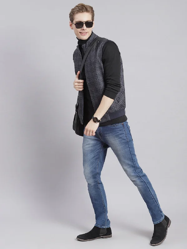 men's trench coats with detachable hoodsMen Grey Check Stand Collar Sleeveless Jackets