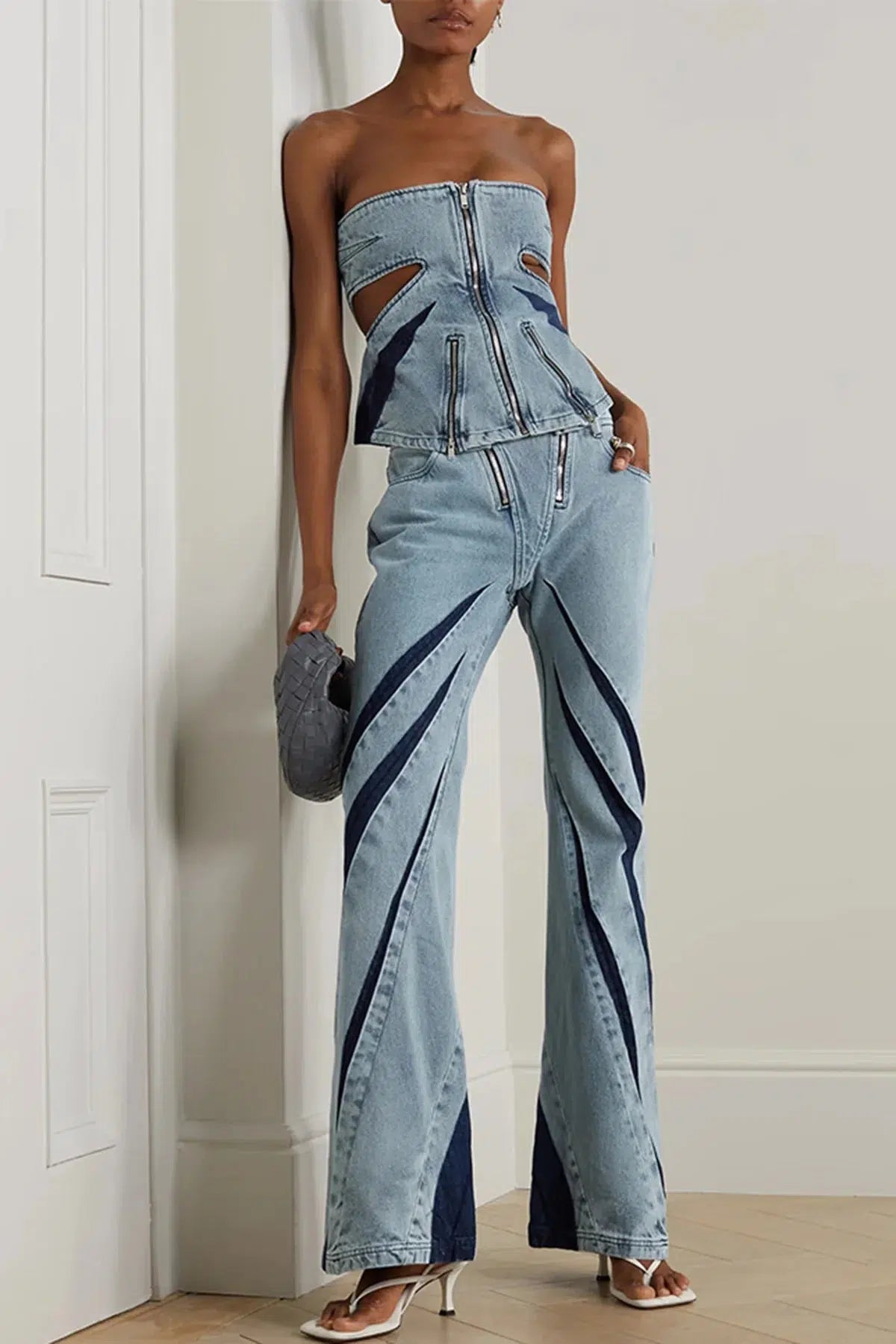 Tunic-style women's topsDenim Cut Out Tube Top & Patch Jeans Two Piece Set