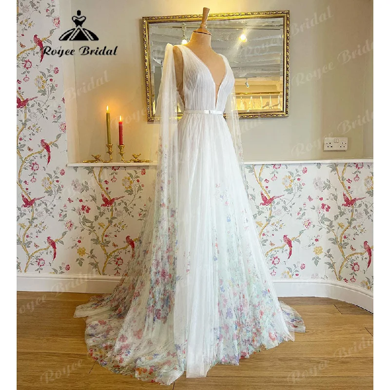 Custom-made dresses for personalized fitsDeep V Neck A Line Boho Beach Print Flower Wedding Dress for Women 2025 Vestidos Civil Bridal Gowns vestido fiesta boda invitada