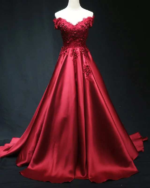 Loose-fitting dresses for womenSiaoryne Elegant Burgundy Red Off Shoulder Long Prom Dress , Lace Satin Wedding Party Dress PL08102
