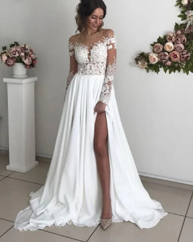 Shift dresses for womenLong Sleeves Lace and Chiffon Beach Wedding Dress with Split Ivory Bridal Gown WD0818
