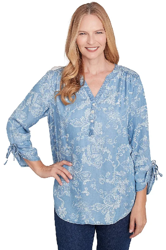 Running women's topsBandana Scroll Chambray Blouse