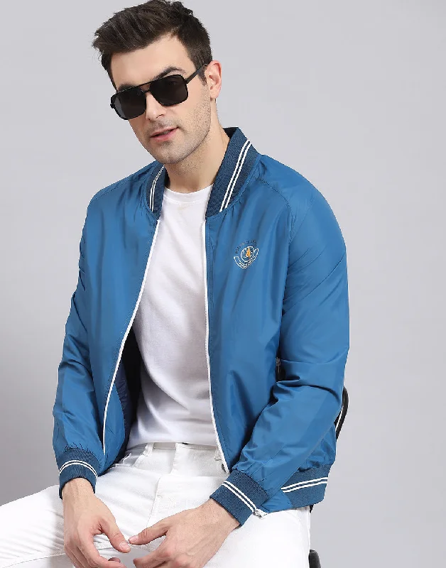men's sports jackets with notch lapelsMen Blue Solid Mandarin Collar Full Sleeve Jacket