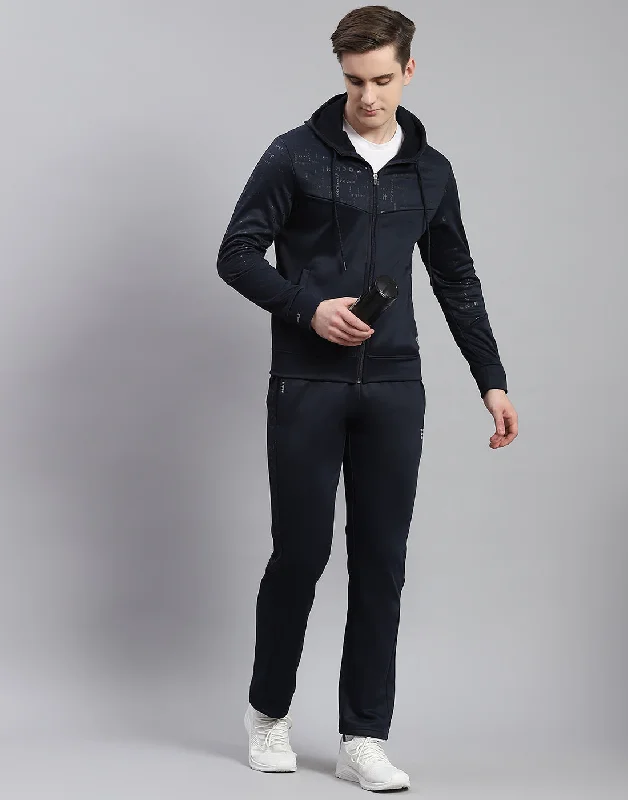 men's outdoor sports shirtsMen Navy Blue Printed Hooded Full Sleeve Tracksuit