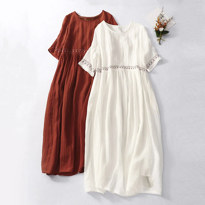 Checkered dresses for womenIKEARLAX  Summer New round Neck Short Sleeve Cotton and Linen Dress Artistic Retro Loose Embroidery Ramie Swing Long Dress