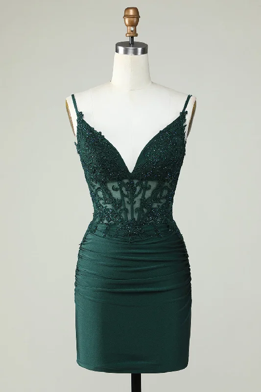 Vintage women's dressesBodycon Dark Green Spaghetti Straps Corset Homecoming Dress with Beading Vintage women's dressesBodycon Dark Green Spaghetti Straps Corset Homecoming Dress with Beading