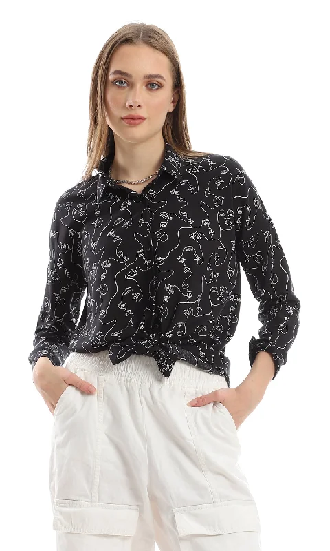 Peter Pan collar women's tops95422 Three Quarters Abstract White Faces Drawings Allover Black Shirt