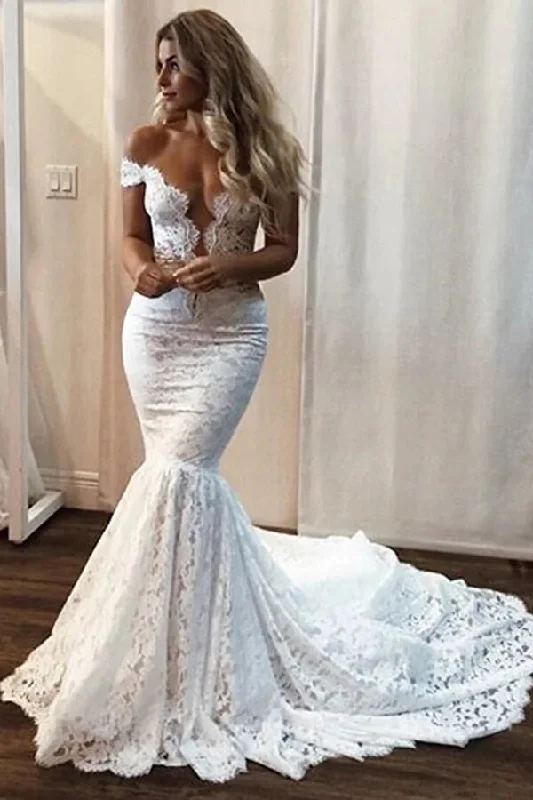 Midi dresses for womenRoycebridal Gorgeous Mermaid Off Shoulder V-neck Court Train Lace Wedding Dresses, MW779
