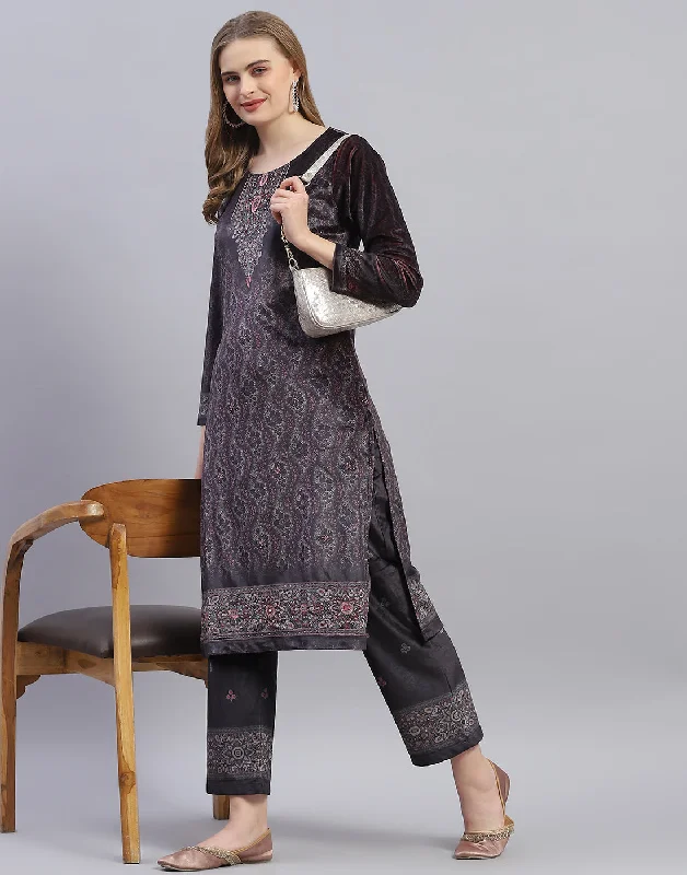 Godet skirts for womenWomen Brown Printed Round Neck Full Sleeve Kurti+Lower Set