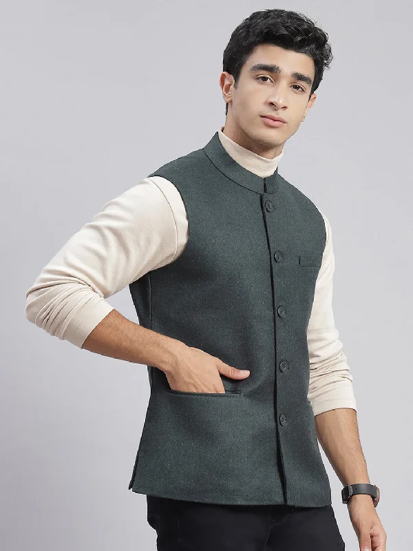 men's parkas with adjustable cuffsMen Green Solid Mandarin Collar Sleeveless Nehru Jackets