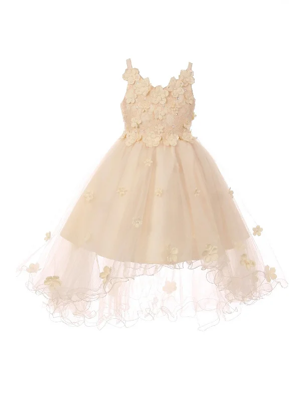 Elegant women's dressesBig Girls Champagne 3D Floral Appliques Satin Tulle Junior Bridesmaid Dress 8-12