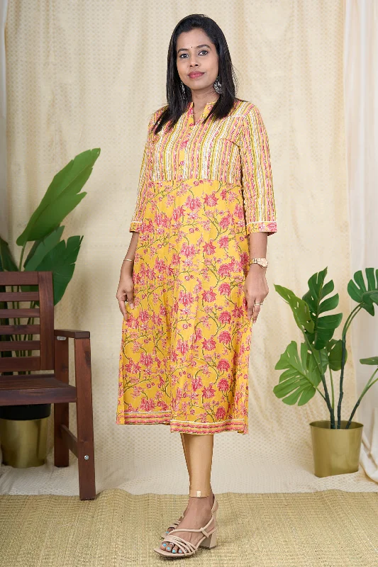 Cap sleeve dresses for womenVibrant Yellow Cotton Kurta with Hand Block Print for Women