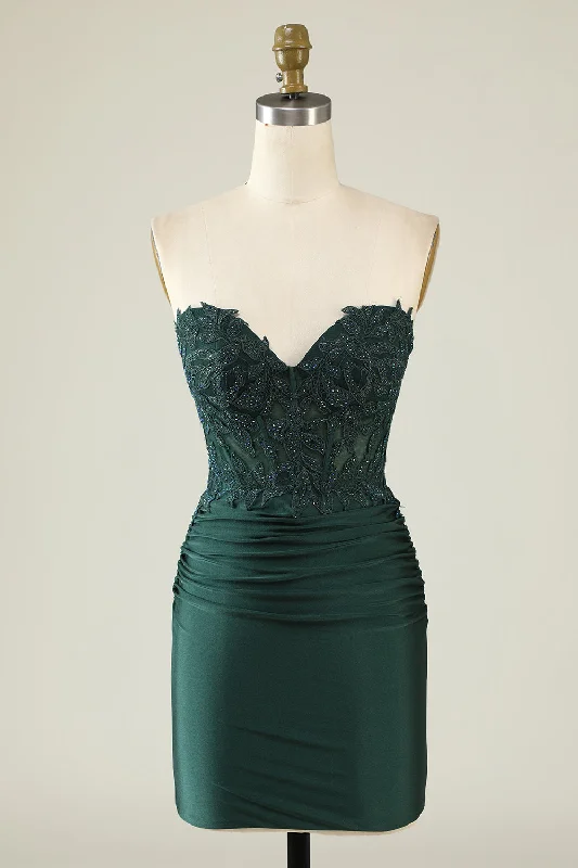 Bohemian women's dressesDark Green Bodycon Strapless Applique Short Homecoming Dress with Beading Bohemian women's dressesDark Green Bodycon Strapless Applique Short Homecoming Dress with Beading