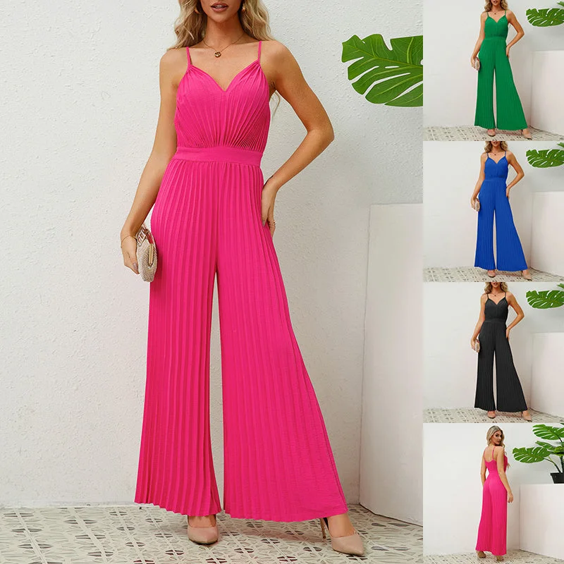 Wrap women's skirtsV-neck Suspender Pleated Jumpsuit Solid Color Loose Straight Pants Womens Clothing