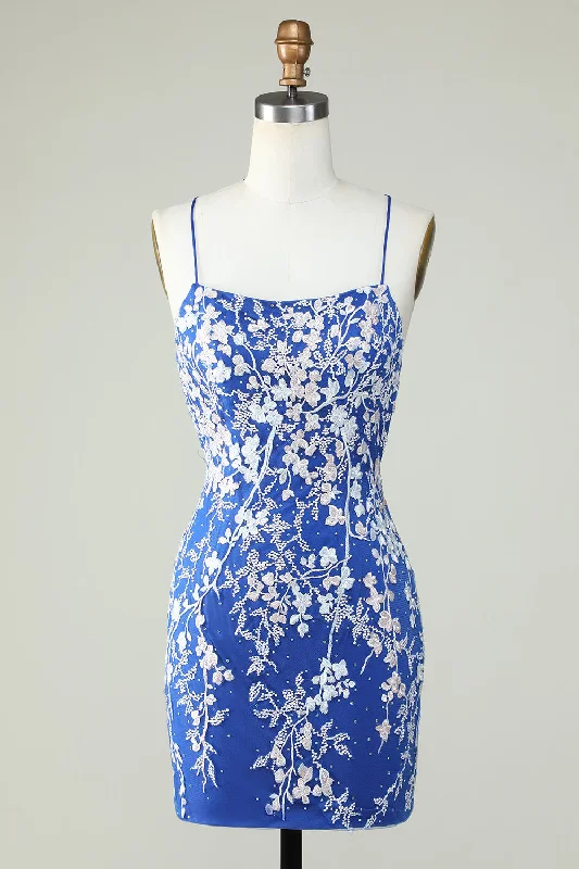Lantern sleeve dresses for womenRoyal Blue Bodycon Spaghetti Straps Short Homecoming Dress With Appliques