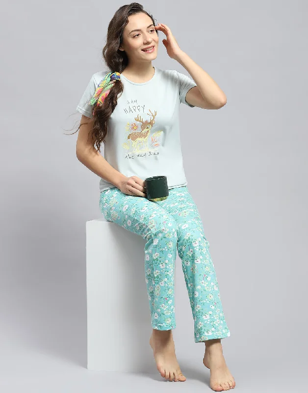 Moisture-wicking women's leggingsWomen Sea Green Printed Round Neck Half Sleeve Lower Set