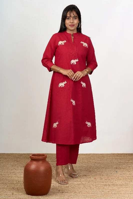 Sweetheart neckline dresses for womenChic Womens Flared Kurta with Elephant Motif Embroidery in Red Cotton Fabric