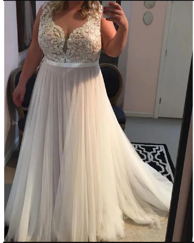 Tall women's dressesElegant Simple Lace Tulle A Line Beach Women Wedding Dress Plus Size Bridal Gown Custom Made WD06221