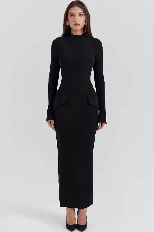 Mother-of-the-bride dressesMinimalist High Neck Flap Trim Long Sleeve Split Bodycon Evening Maxi Dress