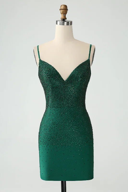Loose-fitting dresses for womenDark Green Bodycon Spaghetti Straps Backless Homecoming Dress with Beading Loose-fitting dresses for womenDark Green Bodycon Spaghetti Straps Backless Homecoming Dress with Beading